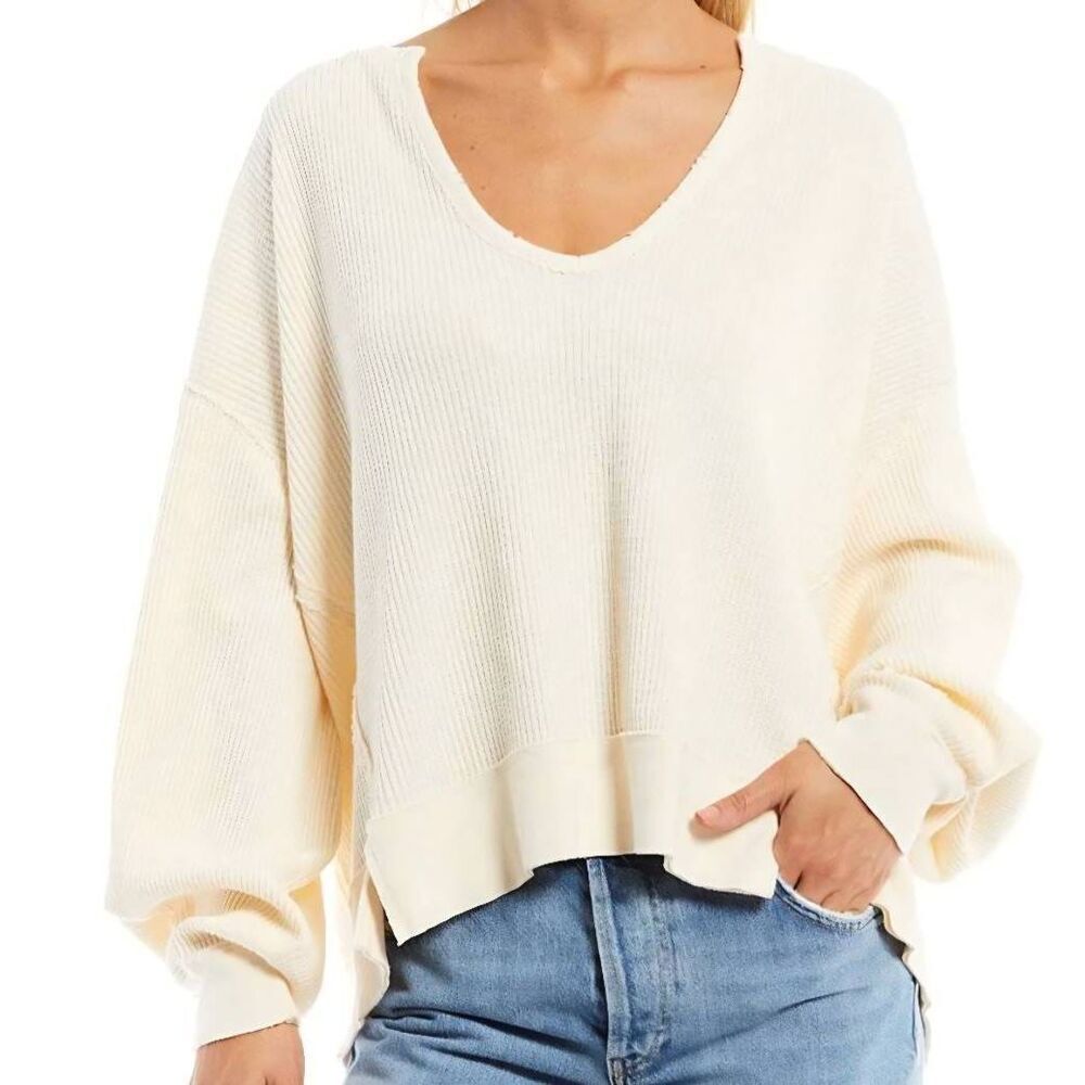 We the Free Top Long Sleeve Women's Small Off White Buttercup Thermal Waffle